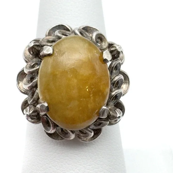 Vintage 1960-70 Sterling Silver Yellow Stone Ring Sz 6.75 Retro Ornate Metalwork - Picture 5 of 11